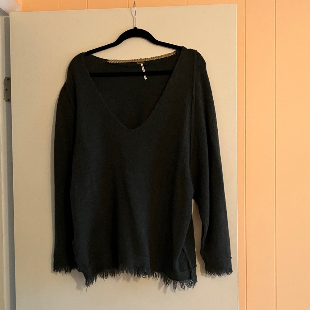 Free People Charcoal Gray V-Neck Distressed Hem Sweater